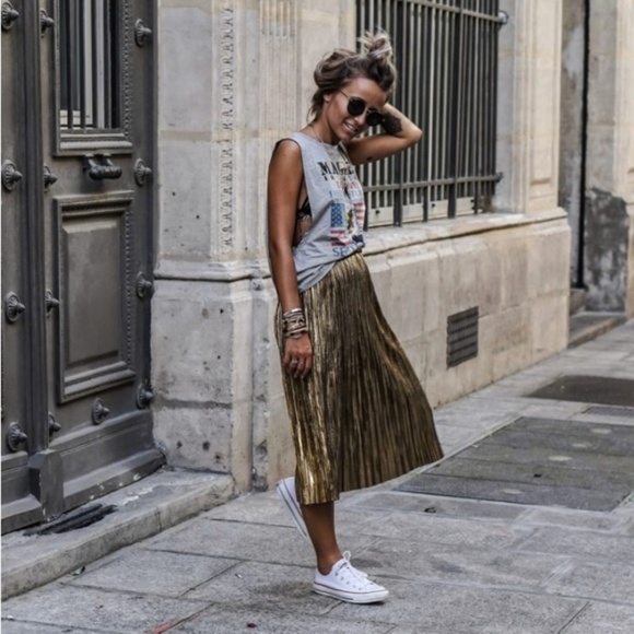 gold pleated skirt zara